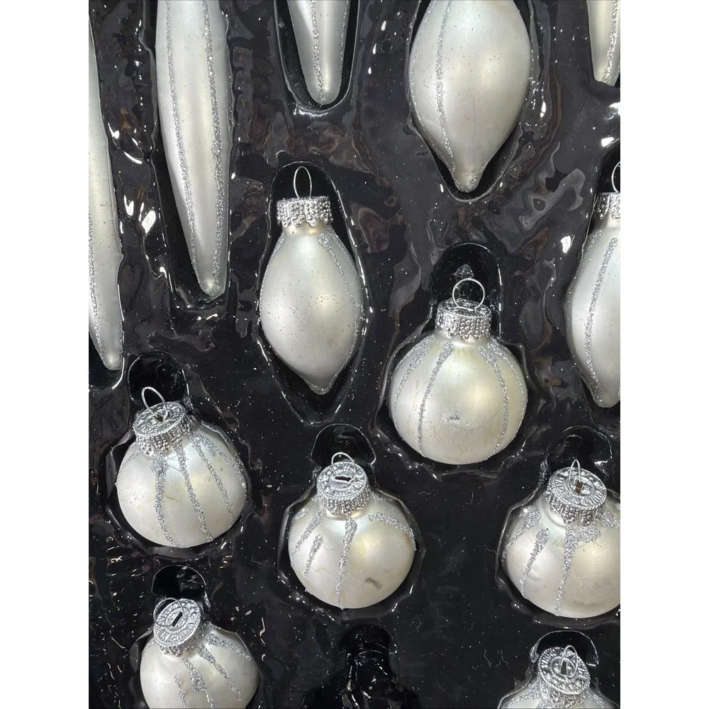 Yule Glass Christmas Ornaments White Silver Glitter In Box Set of 19 Assorted